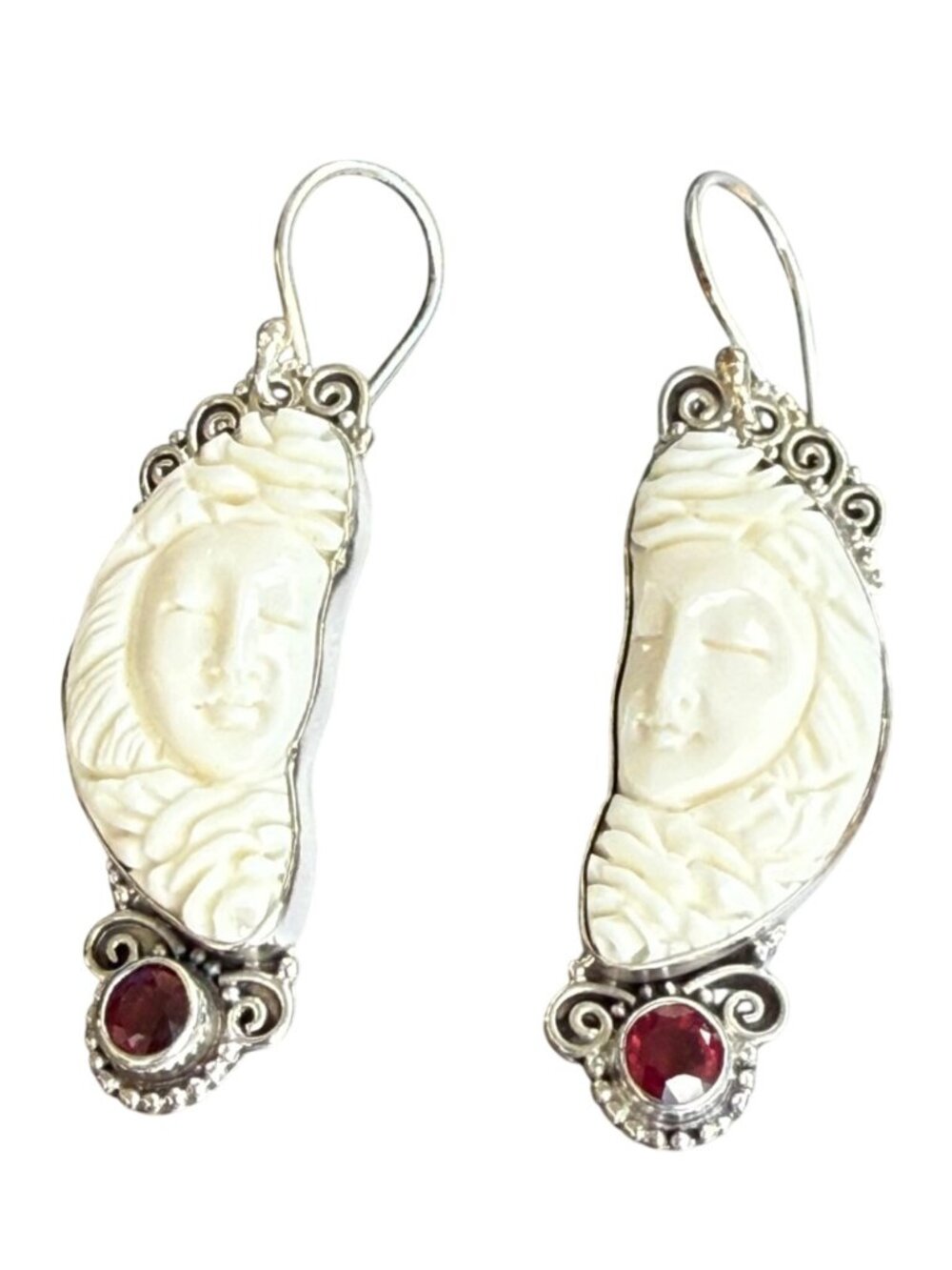 Carved Face Half My Soul Garnet Gemstone Sterling Earrings Boho Goddess